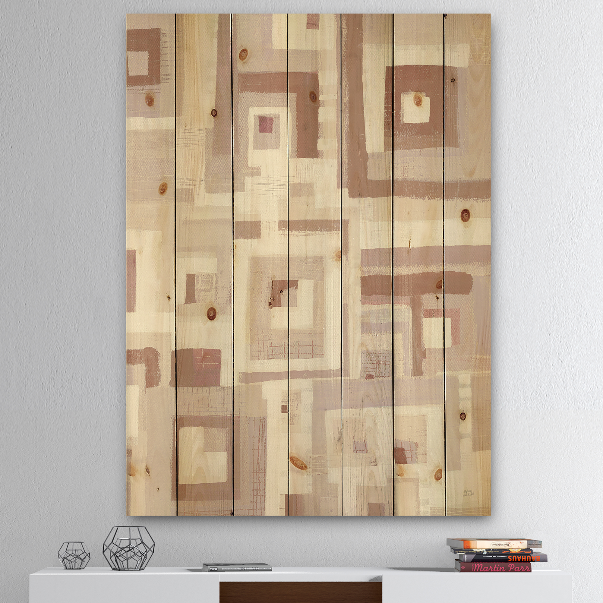 Designart 'Geometric Pink Form Windows II' Transitional Print on Natural Pine Wood