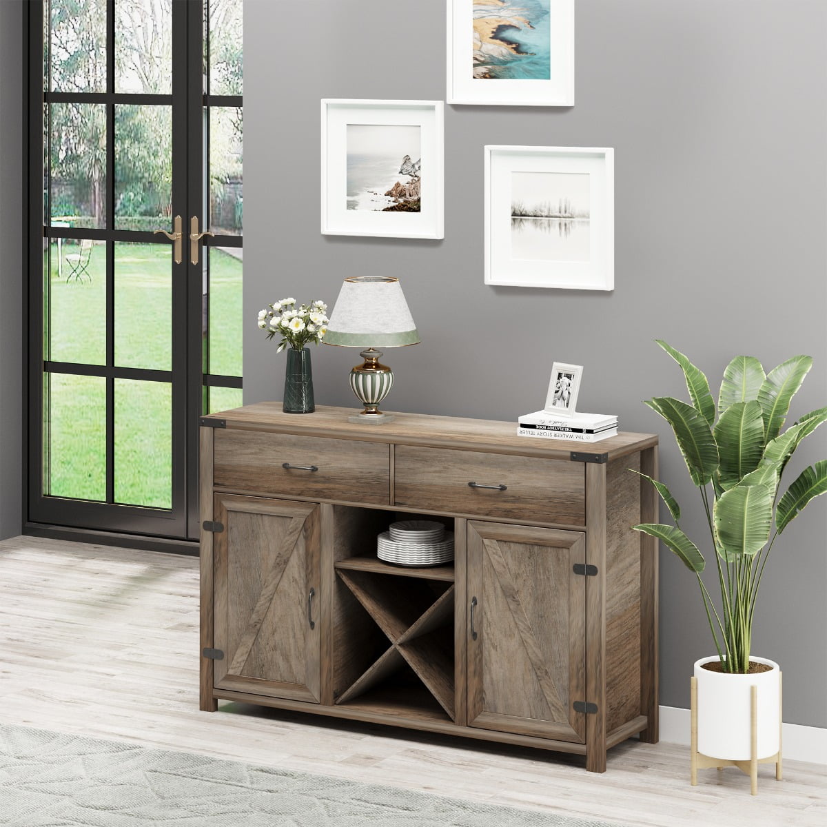 Walmeck Wooden Retro Farmhouse Sideboard Storage Buffet with 2
