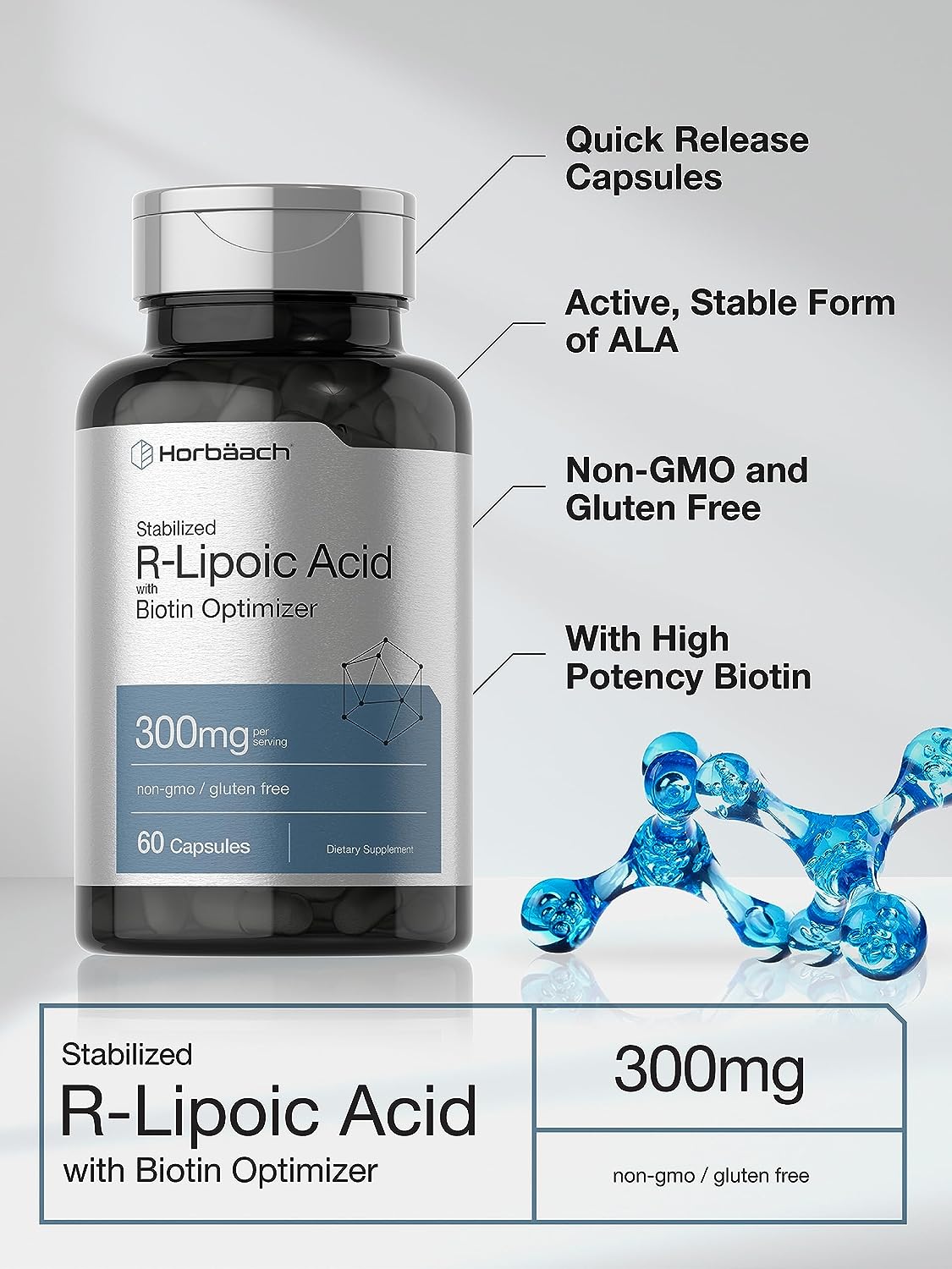 R Lipoic Acid 300mg Stabilized | 60 Capsules | Plus Biotin Optimizer | by Horbaach