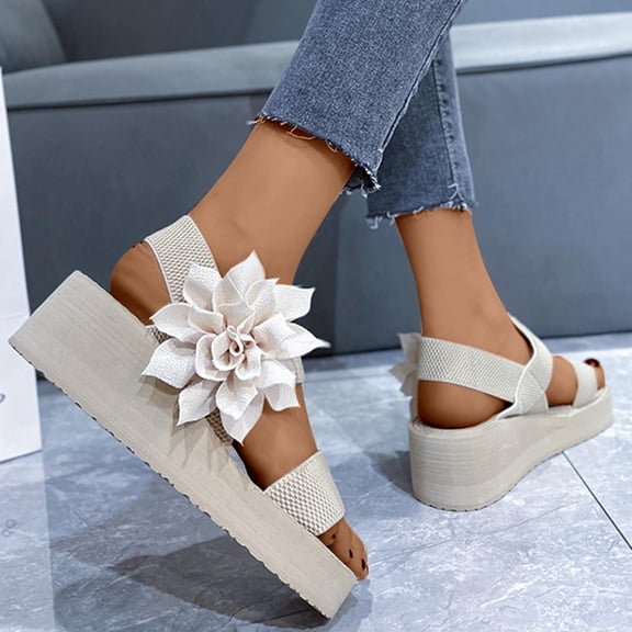WIZUTIZ Platform Sandals Women Womens Dress Sandals Work Comfortable Stretchy Flowers Sandals Buckle Summer Shoes Flat Heel (O"-1) Medium Solid Sandals for Older Women Club Beige