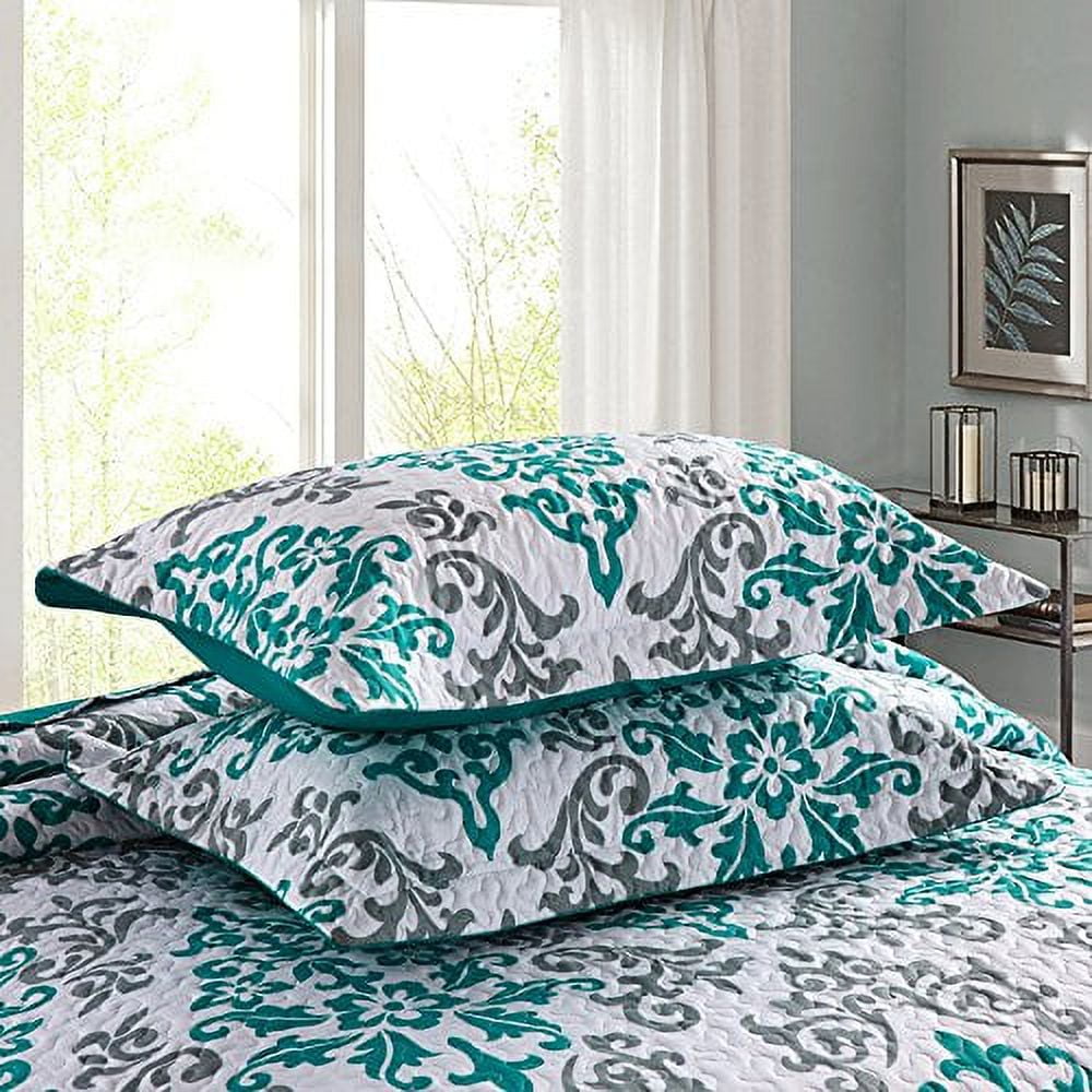MarCielo 3 Piece Quilted Bedspread, Printed Quilt, Quilt Set Bedding Throw Blanket Coverlet Oversize Lightweight Bedspread Ensemble, Turquoise, Queen Size, Katrina Blue