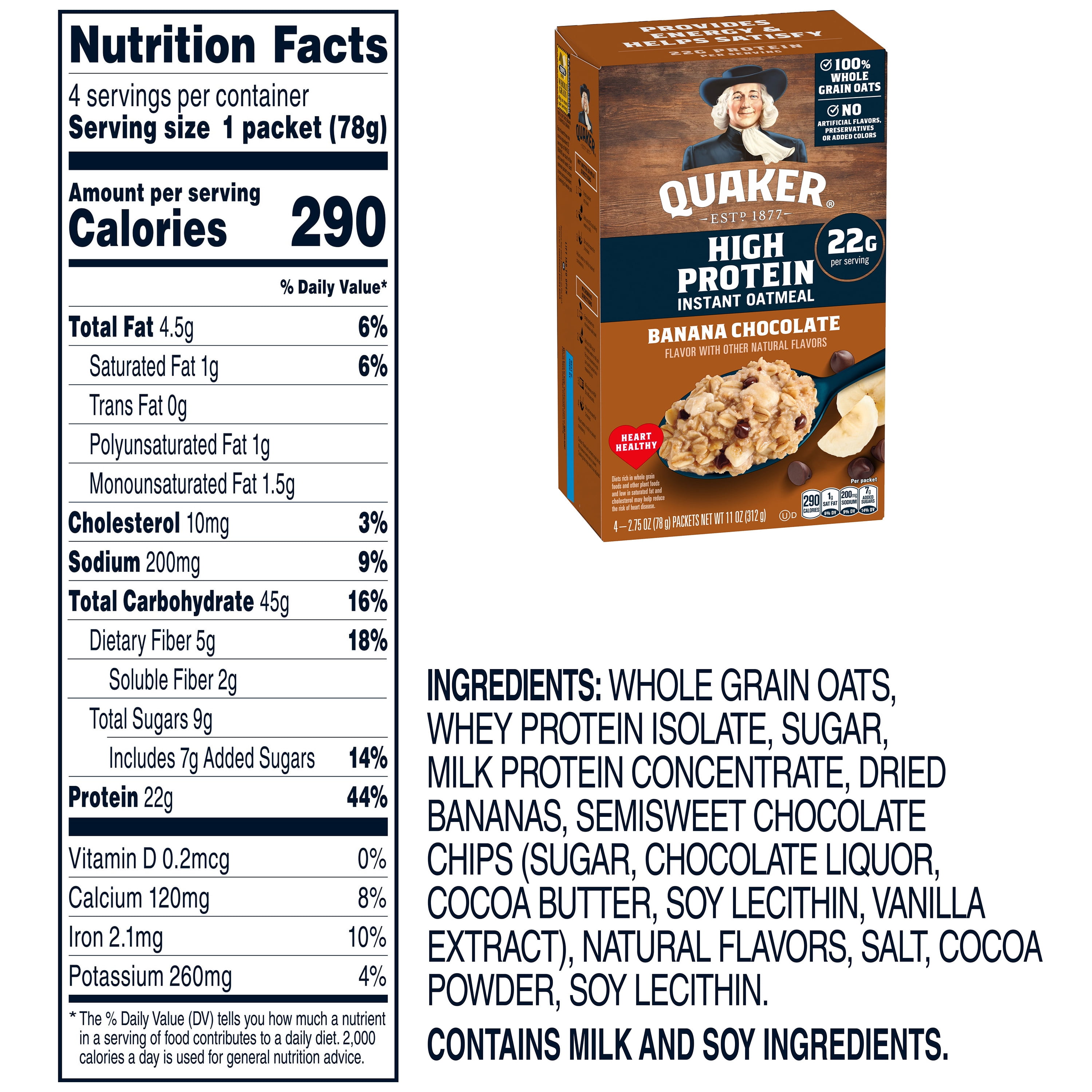 Quaker High Protein Banana Chocolate Instant Oatmeal Packets, 2.75 oz (4 Count)​