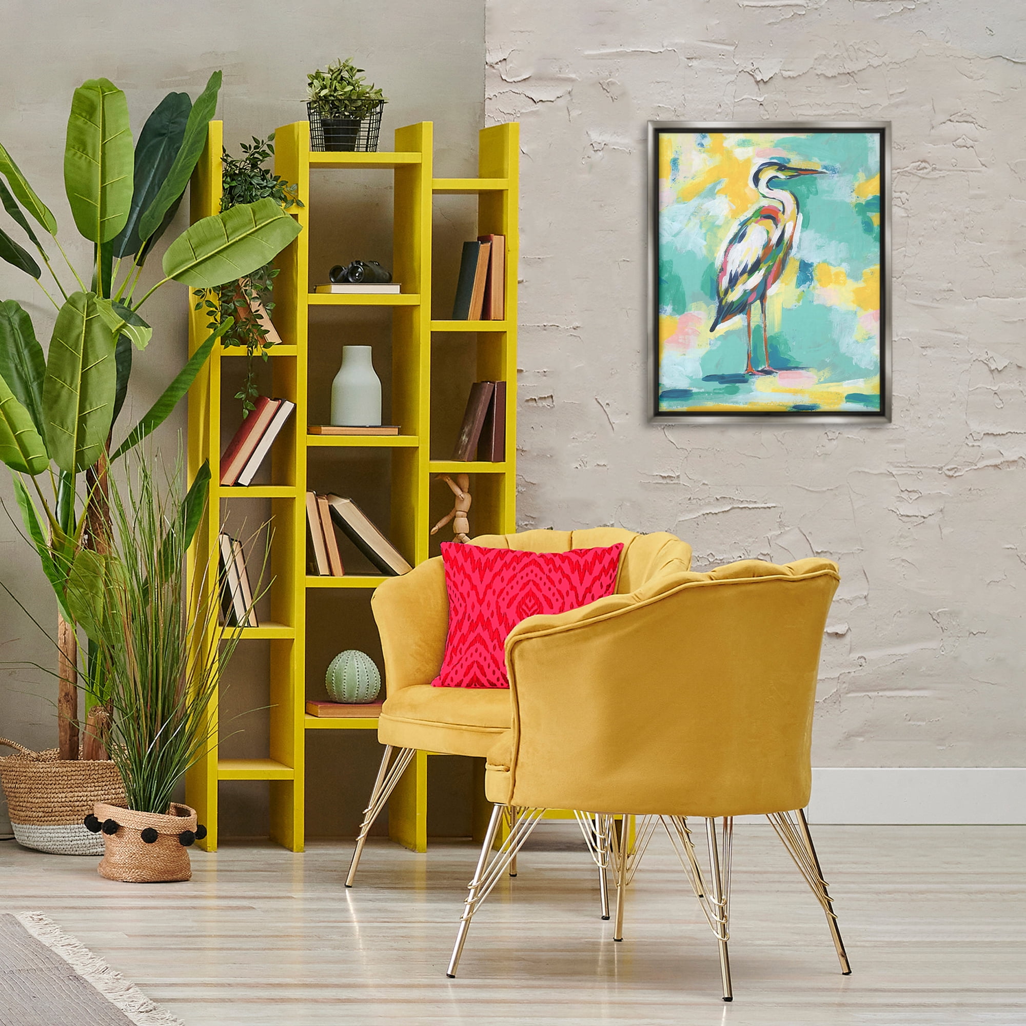 Stupell Industries Yellow & Blue Heron Animals Painting Gray Floater Framed Canvas Art Print Wall Art, 17 x 21