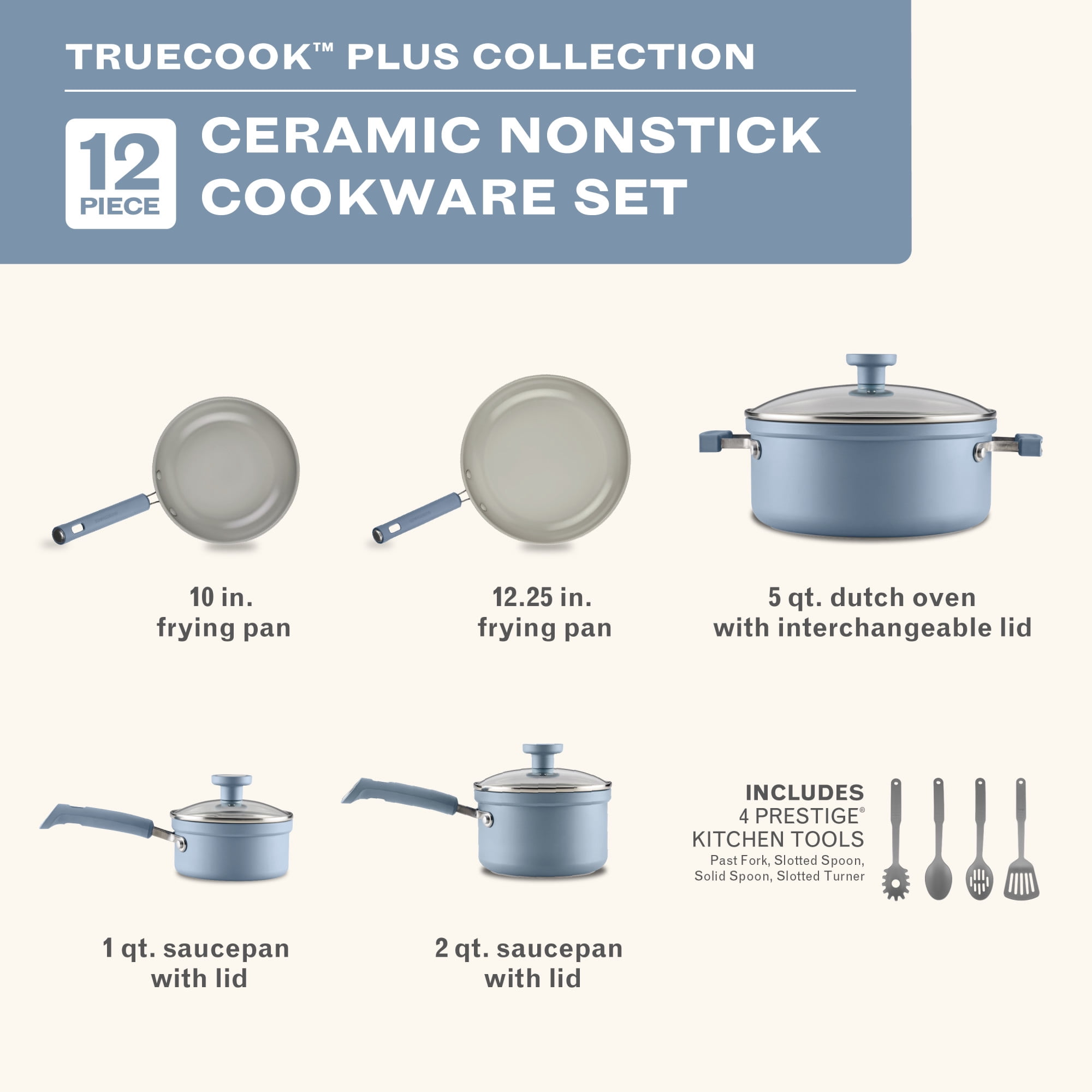 Farbeware TrueCook Ceramic Plus Induction Nonstick Cookware Set, 12-Piece, Steel Blue