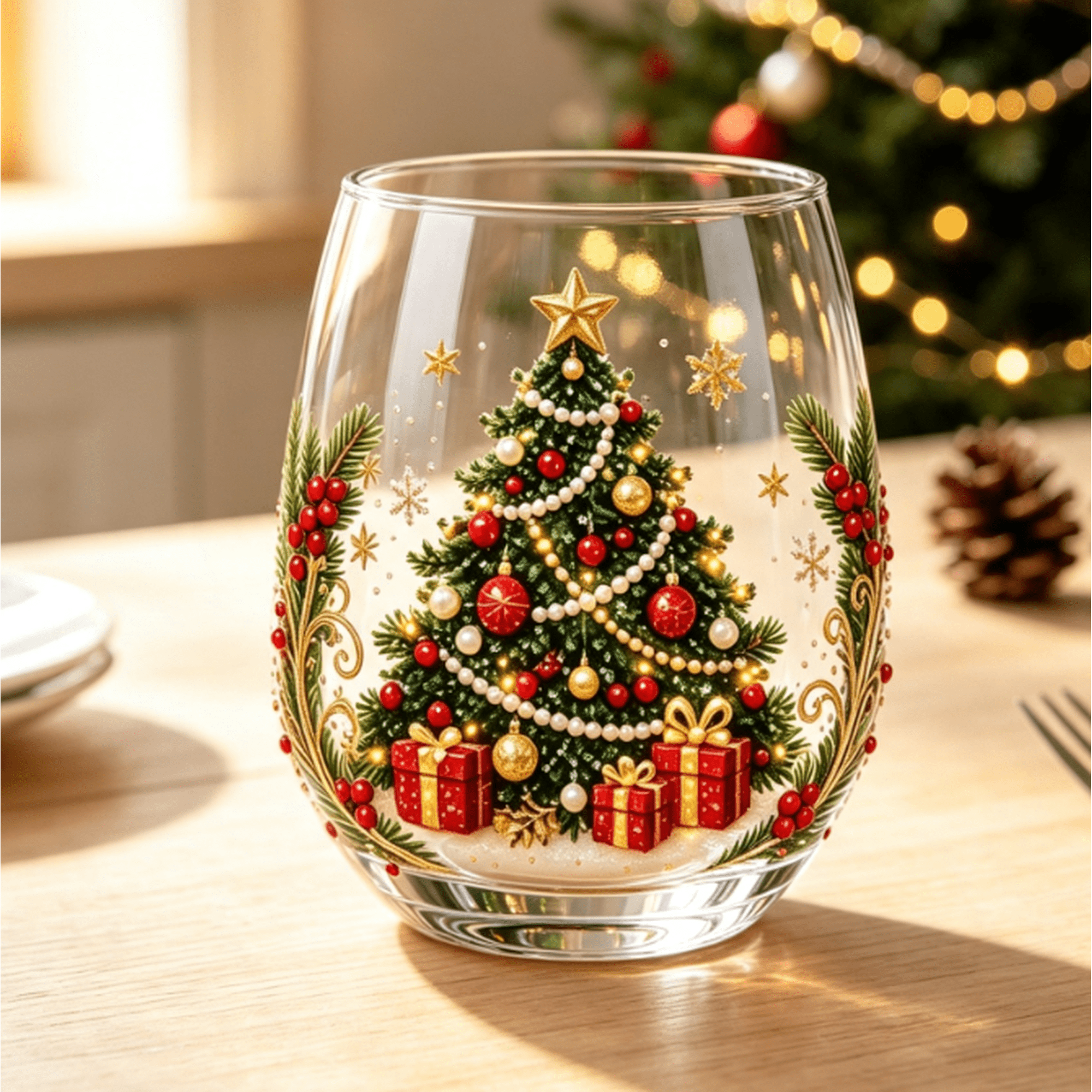Christmas Glass Art Cup, Holiday Themed Glassware With 2D Xmas‌ Printing, Classic Christmas Element Design, Ideal For Hosting Holiday Parties And Gifting To Friends (Glow Pine)
