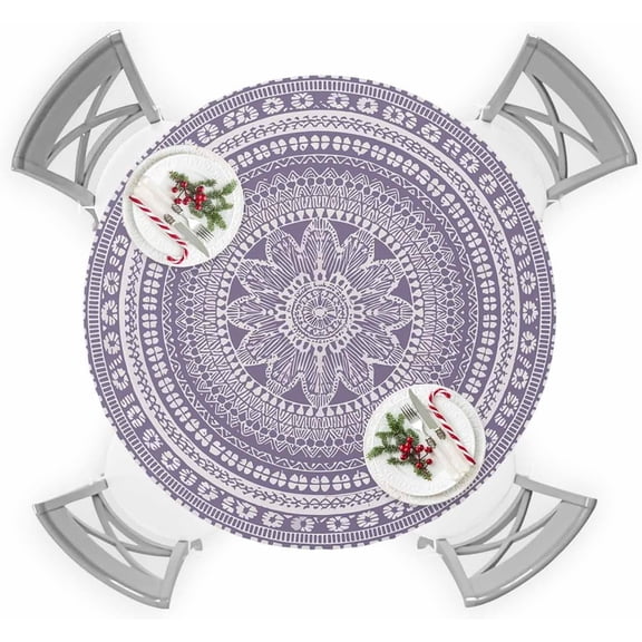 Purple Boho Round Tablecloth for 45"-54" Tables, Waterproof Outdoor Table Cloths 54 Inch Round Fitted Tablecloth with Elastic, Mantoro Flower Modern Abstract Bohemian Floral Table Cloth Cover