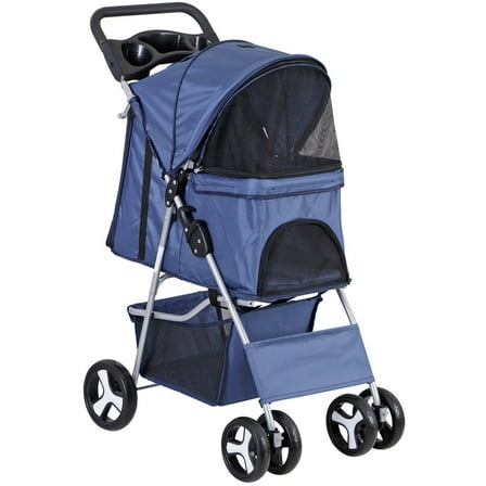 HOWEN 4-Wheels Pet Stroller, Foldable Dog Stroller and Cat Carrier Jogger with Cup Holder in Blue, Breathable Mesh and Safety Leash for Outdoor Use