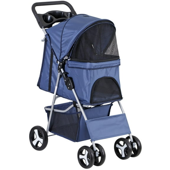 HOWEN 4-Wheels Pet Stroller, Foldable Dog Stroller and Cat Carrier Jogger with Cup Holder in Blue, Breathable Mesh and Safety Leash for Outdoor Use