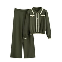 Enjoytime Outfits for Women 2 Piece Sets Printing Long Sleeve Button Down Shirts Long Pants Loungewear Casual Fall Winter Set