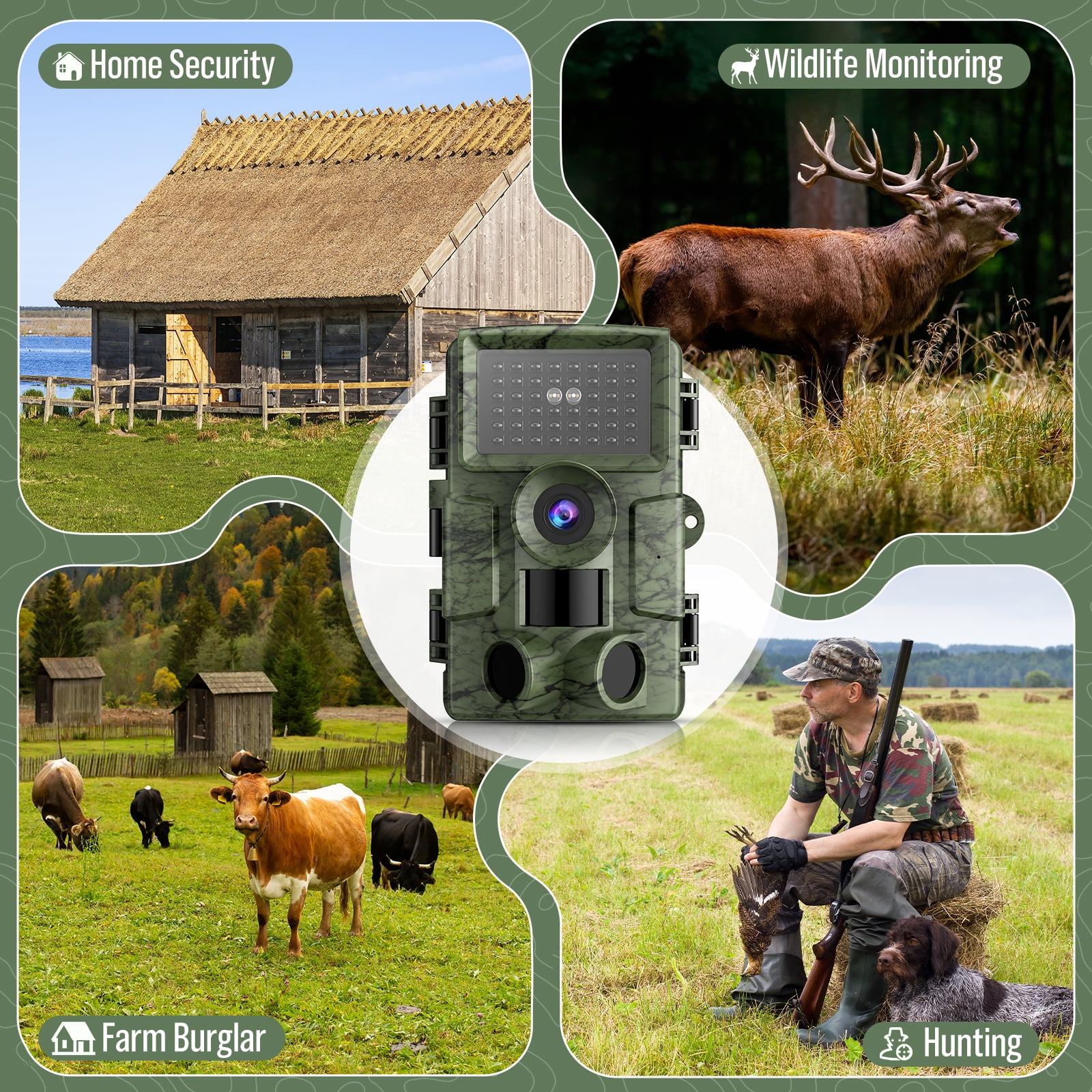BEBANG WiFi Trail Camera with 64GB SD Card, 60MP 4K Hunting Camera, 120° Wide-Angle Night Vision Game Camera for Deer Scouting, 24/7 Wildlife Monitoring & Home Security