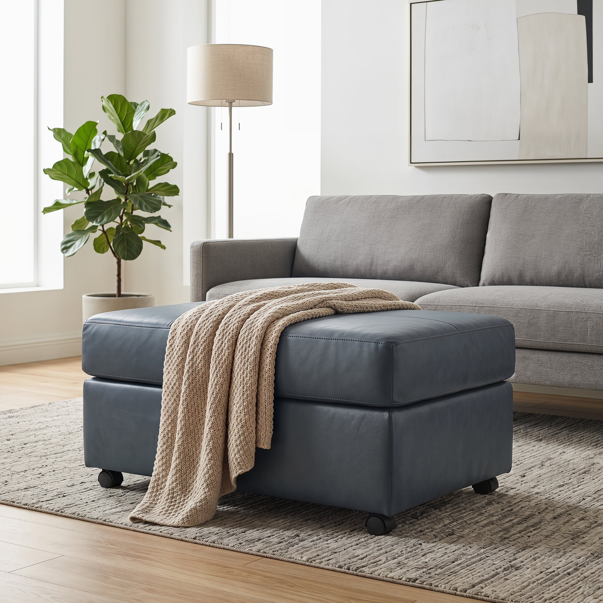 Roundhill Furniture Sakan Leather Upholstered Ottoman, Blue