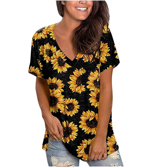 TIHLMK Womens T Shirts Women's Summer T Shirts Short Sleeve Tunic Strappy Print V-Neck Shoulder Tops