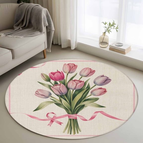 Round Rugs 3.3Ft, Pink Tulip Round Area Rug Washable Indoor Throw Carpet, Spring Floral Romantic Flowers Rustic Soft Non Slip Circle Rug for Laundry Room Patio Home Decor Aesthetic