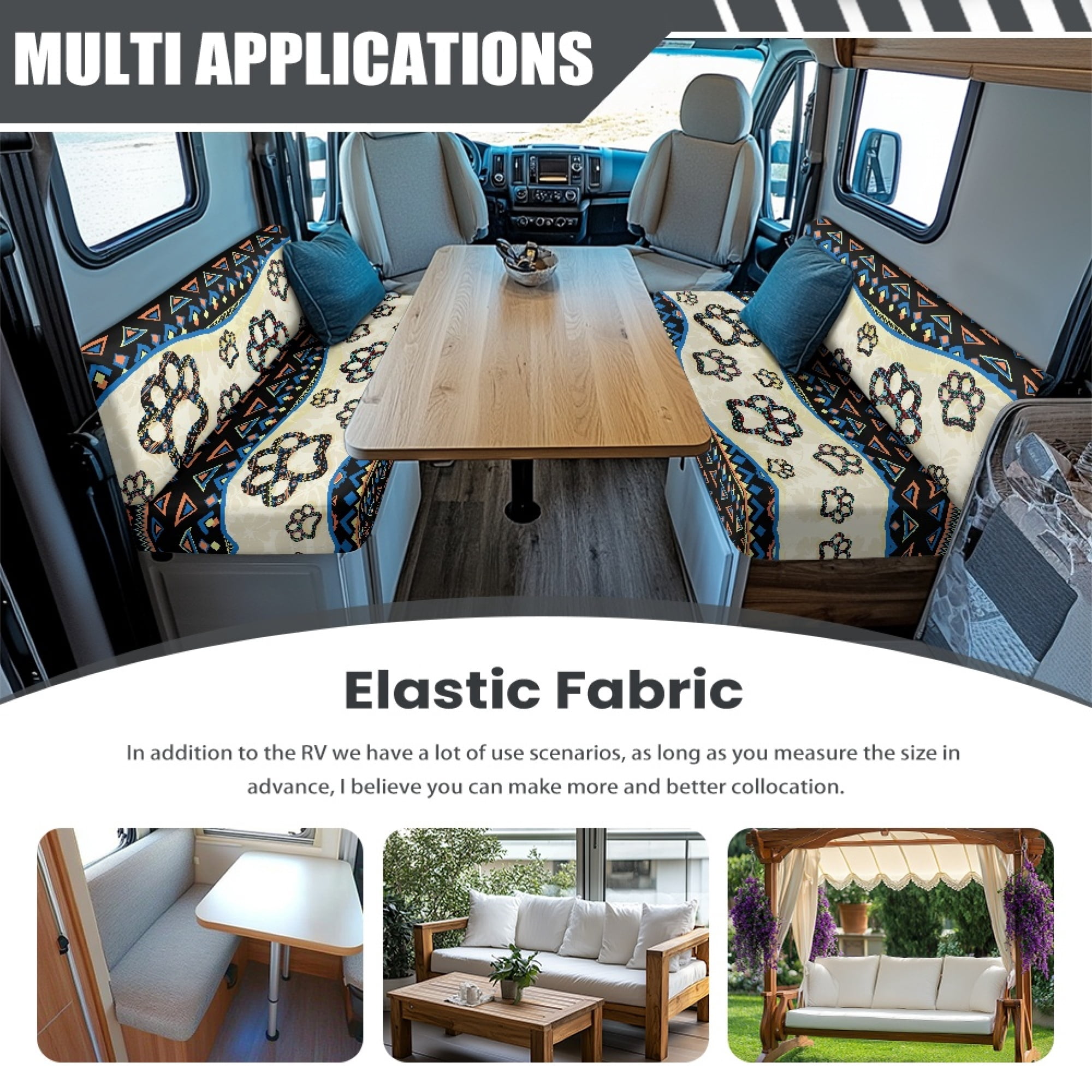 Yuyamidu Aztec RV Dinette Cushion Covers Set 1 Bench Cover 1 Backrest Cover Dog Paw Camper Cushion Covers Fashion Couch Cover for RV Camper Sofa RV Accessory Interior Decor