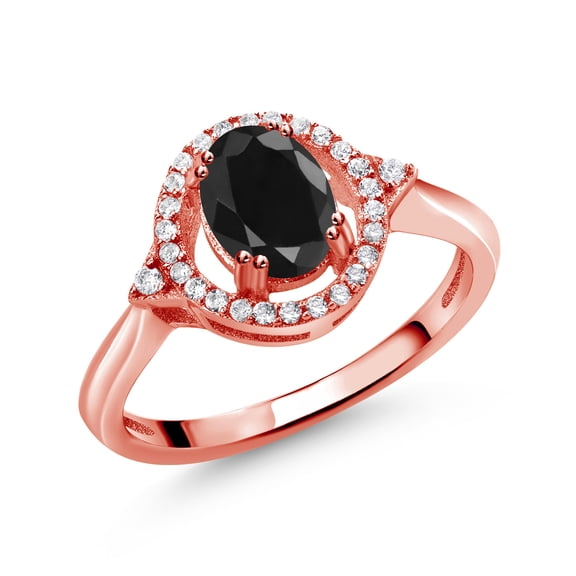 Gem Stone King 1.44 Ct Oval Black Sapphire 18K Rose Gold Plated Silver Ring (Size 8)