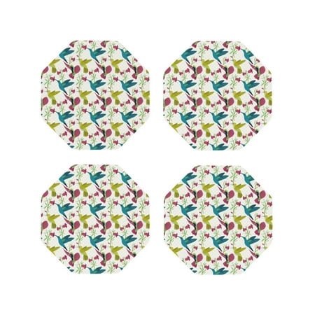 

Coasters Set of 4 - Green Blue Purple Hummingbird Drink Coasters for Tabletop Protection Leather Coasters for Living Room Decor and Housewarming Gift Octagon