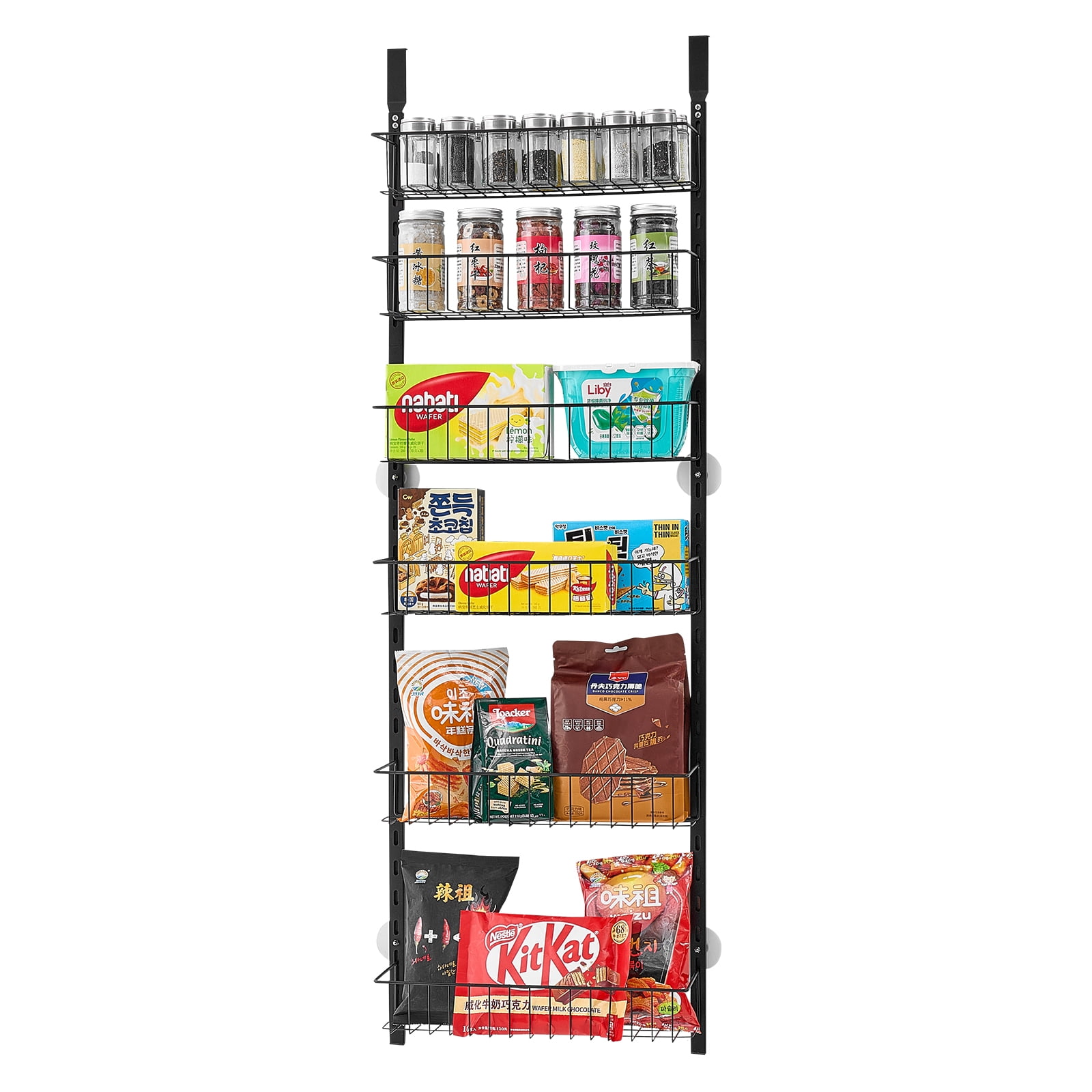 KFFKFF Door-Mounted Pantry Organizer, 6-Level Storage Solution, Robust Steel Constructed Spice Holder, Wall-Mountable Adjustable Seasoning Racks, Suitable for Kitchen, Laundry Area, Bathroom, Black