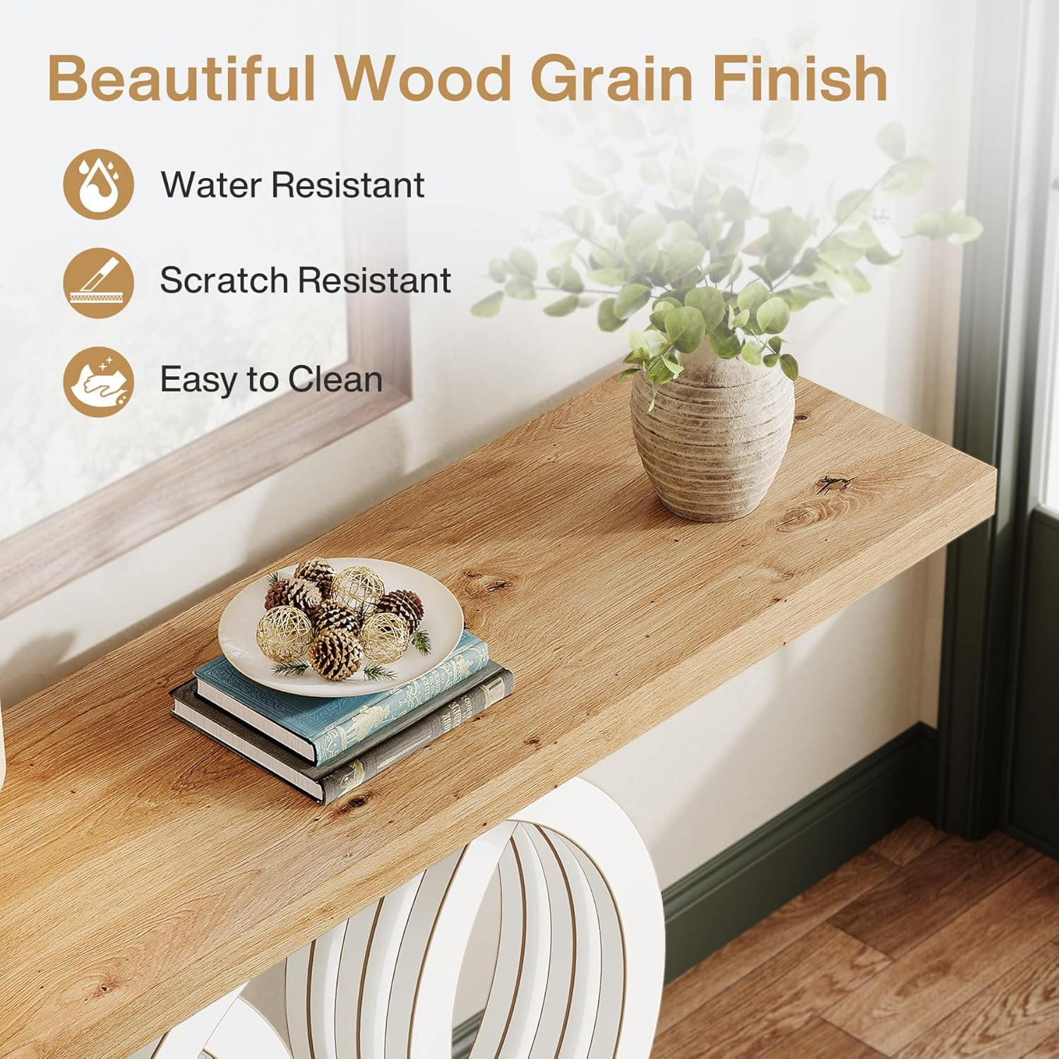 Finmind 55" Console Table with Geometric Wood Base, Modern Entryway Table, White