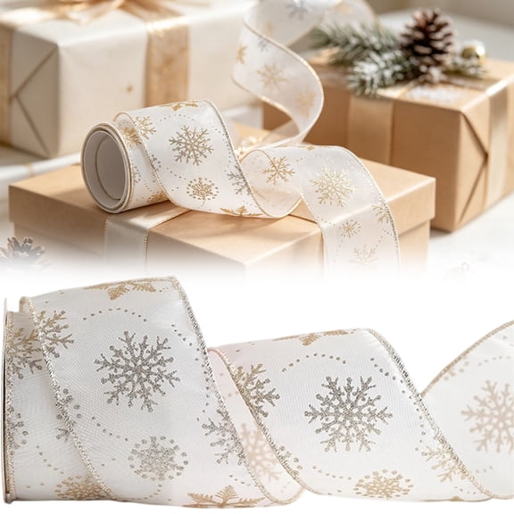 Christmas Ribbon, Wired Ribbon for Bows, 10 Yards Satin Ribbon with Glitter Snowflakes, Cream Champagne Decorative Ribbon for Christmas Tree Ornaments Gift Wrapping Wreath and Holiday Craft