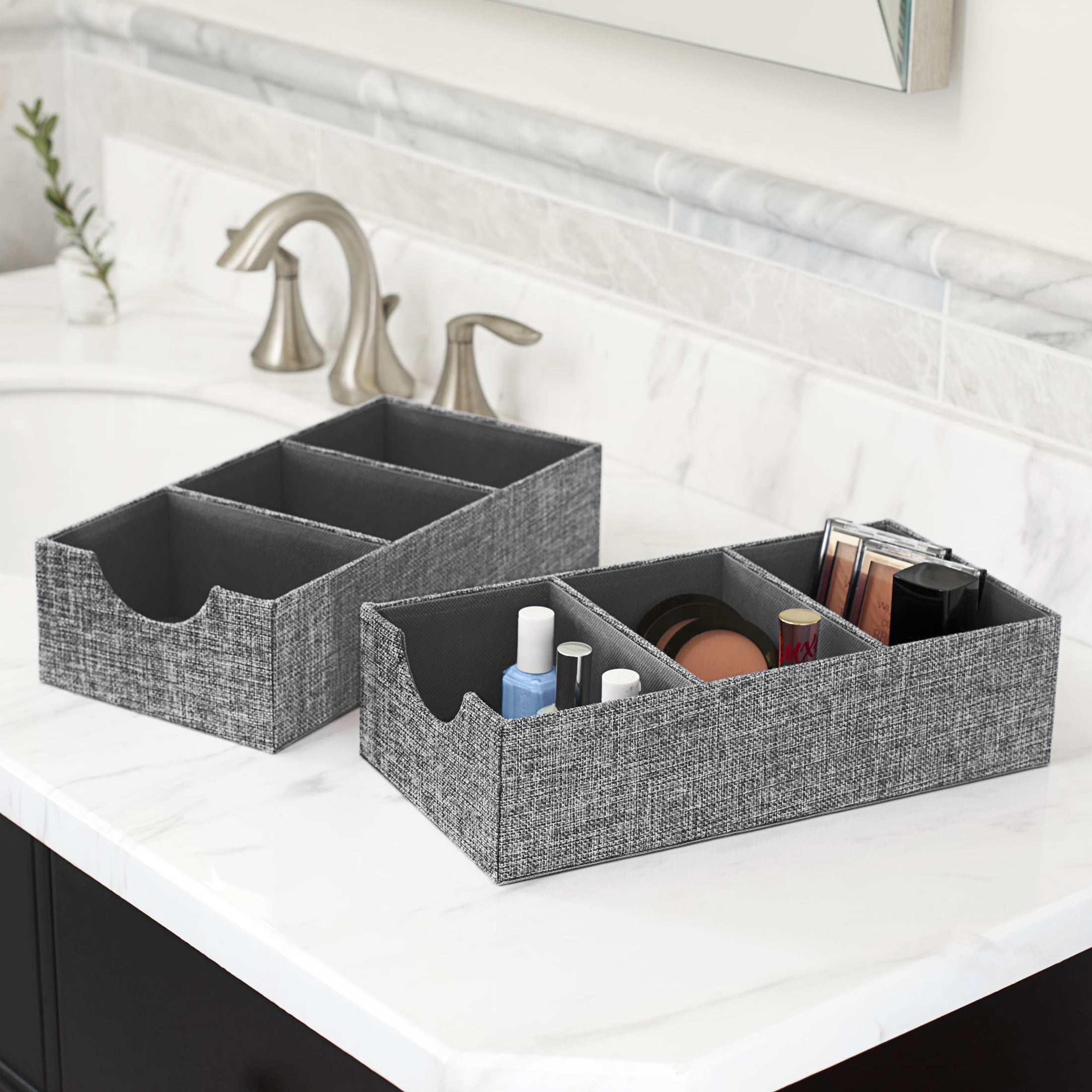 Household Essentials 3-Compartment Drawer Organizers, Pack of 2, Sturdy Chipboard Base with Soft Polyester Linen Covering, Fashionable Organization Solution, 3” H x 6” W x 12” D, Graphite Linen
