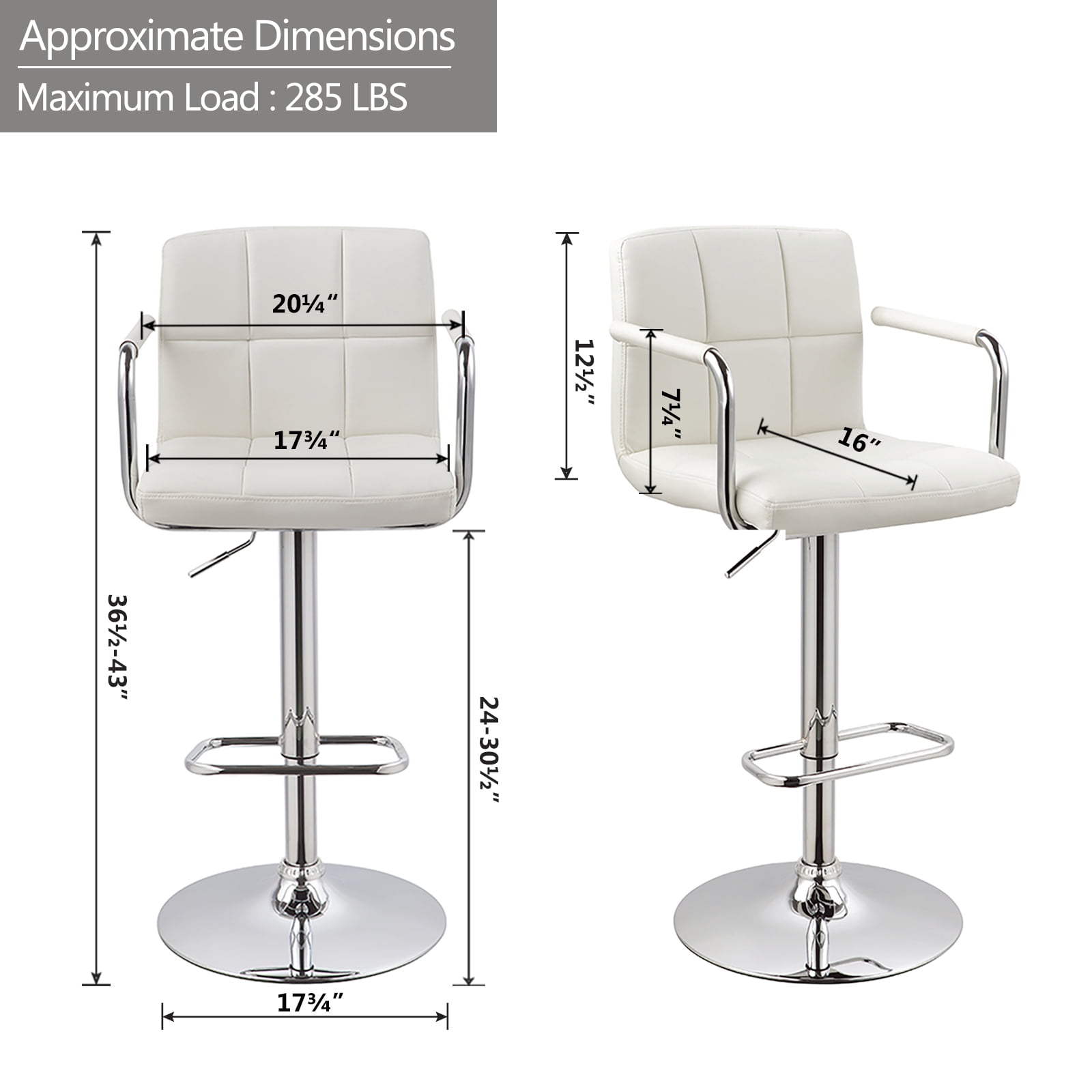 Set Of 2 Modern Bar Stools – Adjustable Height, PU Leather Seat, 360 Swivel (White)