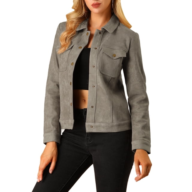 Chaqueta de ante sintético con cuello de solapa y bolsillos con solapa de INSPIRE CHIC para mujer, tamaño XS, color topo