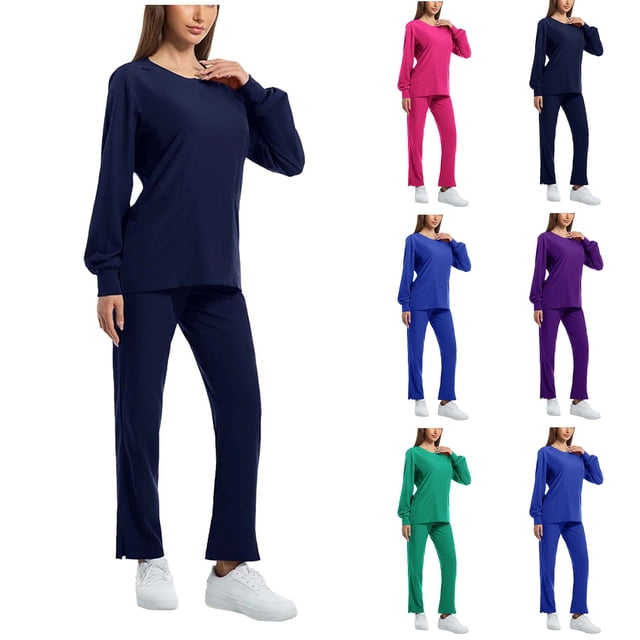 RKSTN Scrubs for Women Set Solid Color Long Sleeve Crew Neck Scrub Shirt Top Comfortable Elastic Waist Pant Medical Nursing Uniforms Scrub Set Spring Summer