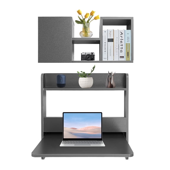 2-Tier Folding Wall Mounted Laptop Desk and Bookshelf for Living Room Bedroom Office Gray
