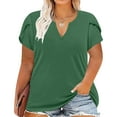 thumbnail image 2 of Dagegui Womens Plus Size T-Shirts V Neck Notch Petal Sleeve Shirts Solid Casual Tunic Blouse Summer Loose Fit Tops Green XL-5XL, 2 of 5