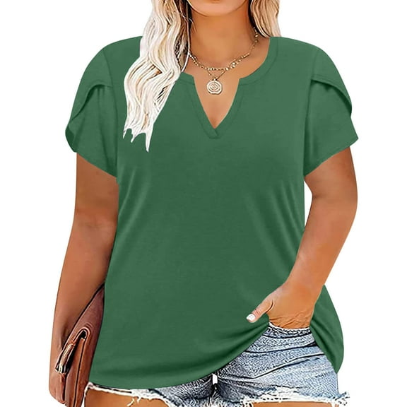 Fartey Plus Size Summer Tops for Women Trendy Petal Short Sleeve V Neck Shirt Basic Solid Color T Shirts Loose Comfy Holiday Blouses Green XL