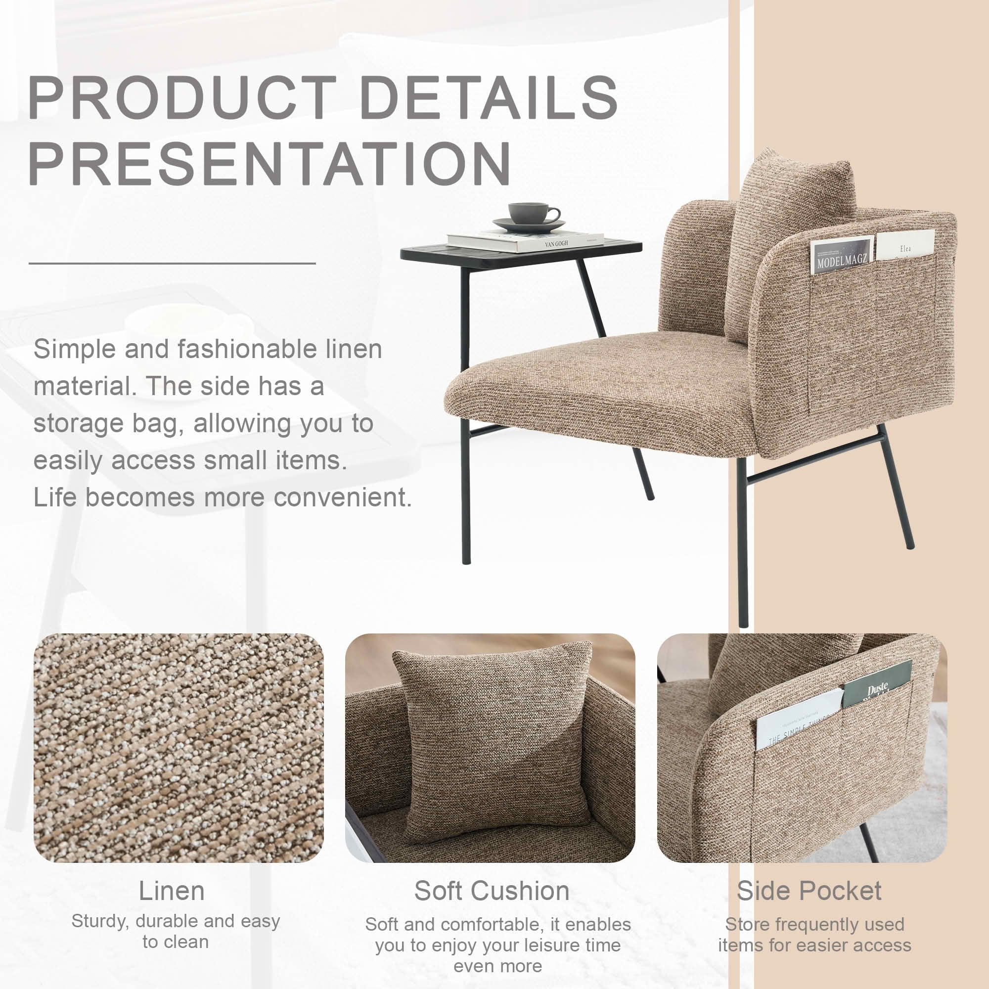 MAYEERTY Leisure Lounge Chair with Side Table & Back Pillow, Armchair, khaki, Living Room Bedroom