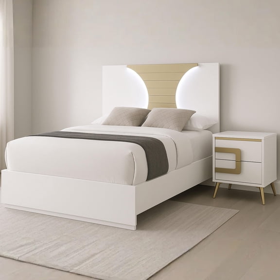 Kings Brand Furniture 2-Piece White/Gold Bedroom Set – Queen Size Wood Bed Frame with Nightstand