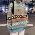 thumbnail image 2 of Norvella Mens Fair Isle Sweater Geometric Striped Pattern Crew Neck Long Sleeve Drop Shoulder Pullover Ribbed Relaxed Fit Top, 2 of 8