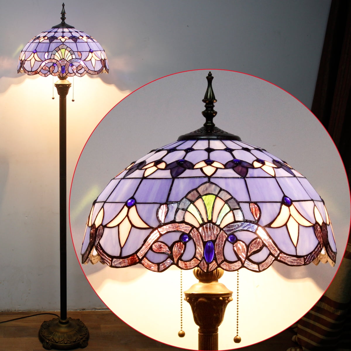 Tiffany Floor Lamp LED Bright Standing Reading Light 64"Tall Blue Stained Glass Baroque Style Shade Boho Industrial Bronze Pole Vintage Base Corner Kids Bedroom Living Room Farmhouse Office WERFACTORY