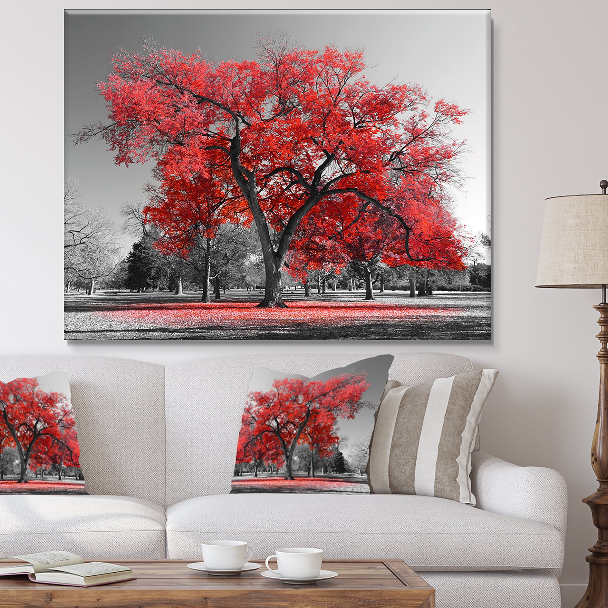 Designart 'Big Red Tree on Foggy Day ' Landscape Canvas Art Print