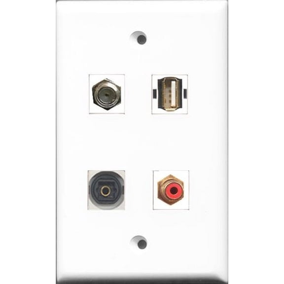 RiteAV 1 Port RCA Red and 1 Port Coax Cable TV- F-Type and 1 Port USB A-A and 1 Port Toslink Wall Plate