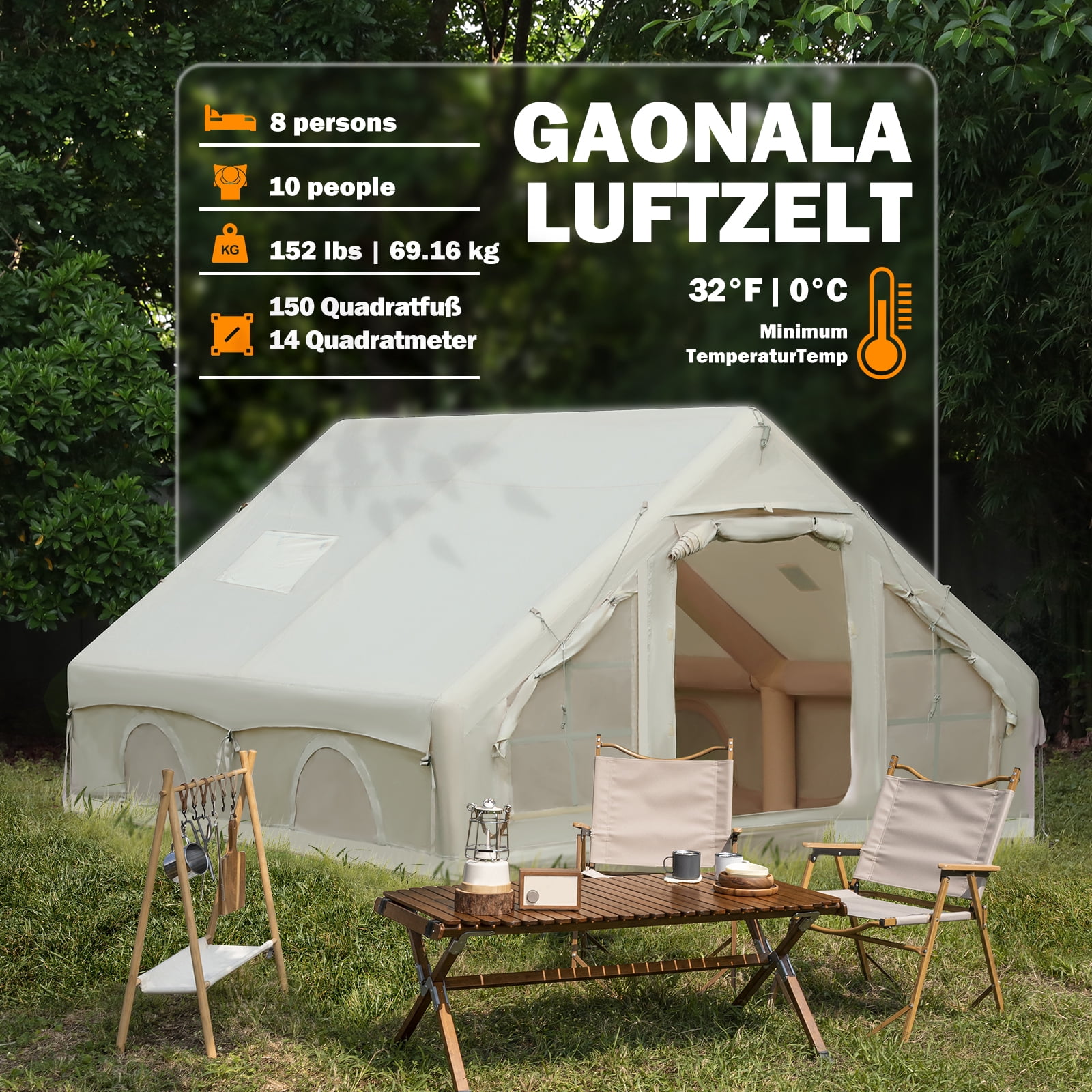 Vakiorn 13x10 Ft Inflatable Air Tent 8-Person with Built-in Pump Stove Jack Waterproof Windproof All-Season for Camping Festivals