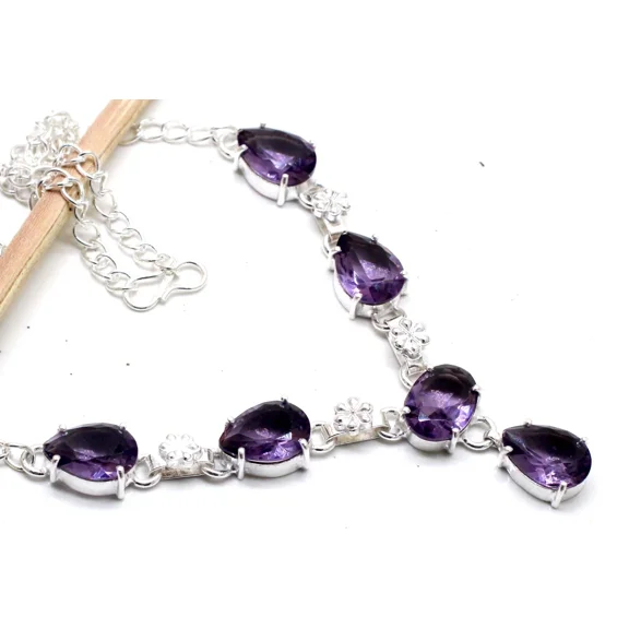 925 Sterling Silver Purple Amethyst Gemstone Handmade Jewelry Necklace Size- 18" inch