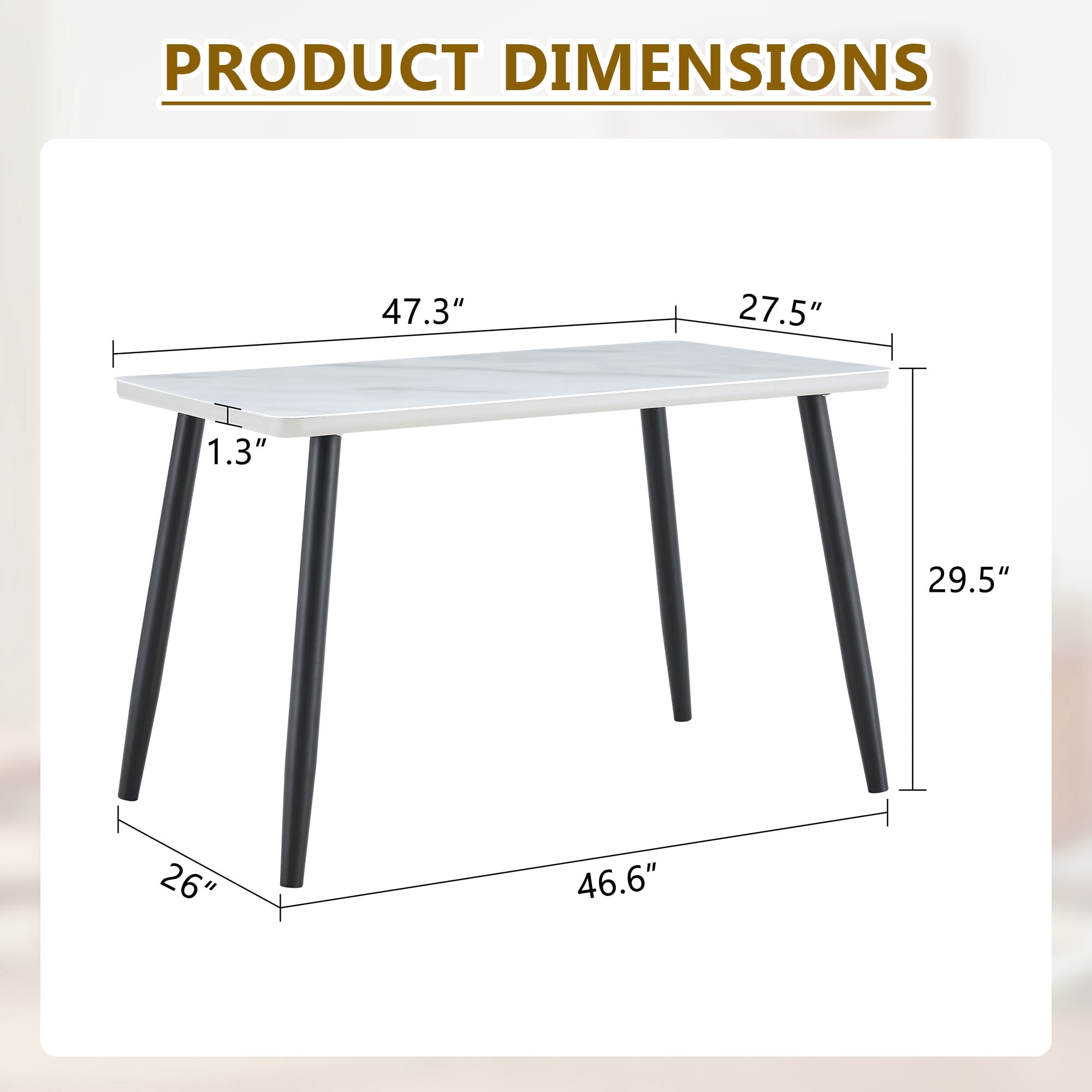 Hi loPres 47" White Modern Rectangular Dining Table for Apartments, Faux Marble Tempered Glass Top Kitchen Desk with Stable Black Metal Legs, Minimalist Style