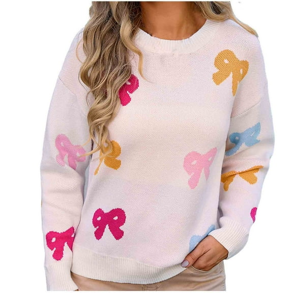 ZQUUVOU Fall Trendy Swearter for Women Relaxed Knit Sweater with Bow Pattern Print Crew Neck Long Sleeve Casual Comfort Tops White
