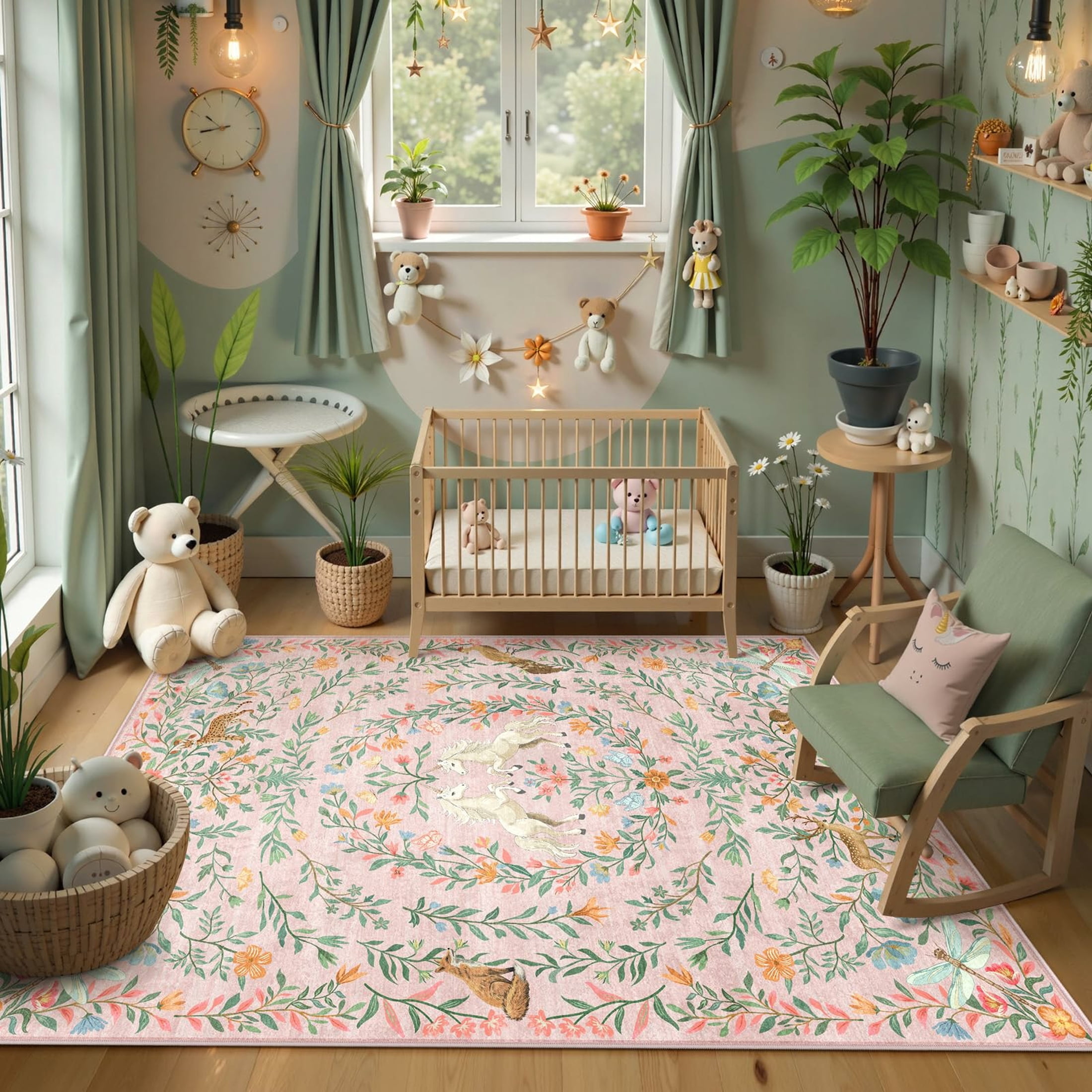 Moynesa 5'x7' Washable Fantasy Garden Area Rugs for Living Room, Vintage Botanical Unicorn Girls Rugs for Bedroom, Animal Accent Carpet for Nursery Playroom, Pink