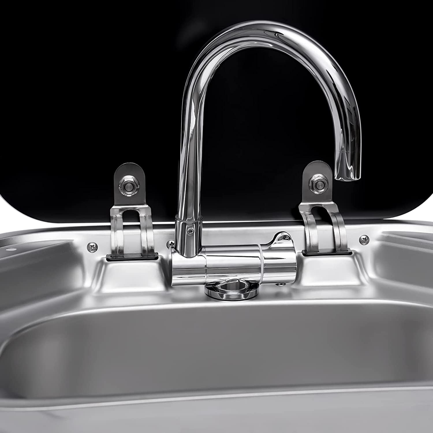 Miumaeov Single Bowl RV Caravan or Boat Stainless Steel Hand Wash Basin Sink with Folded Faucet Tempered Glass Lid van Camper Trailer Accessories