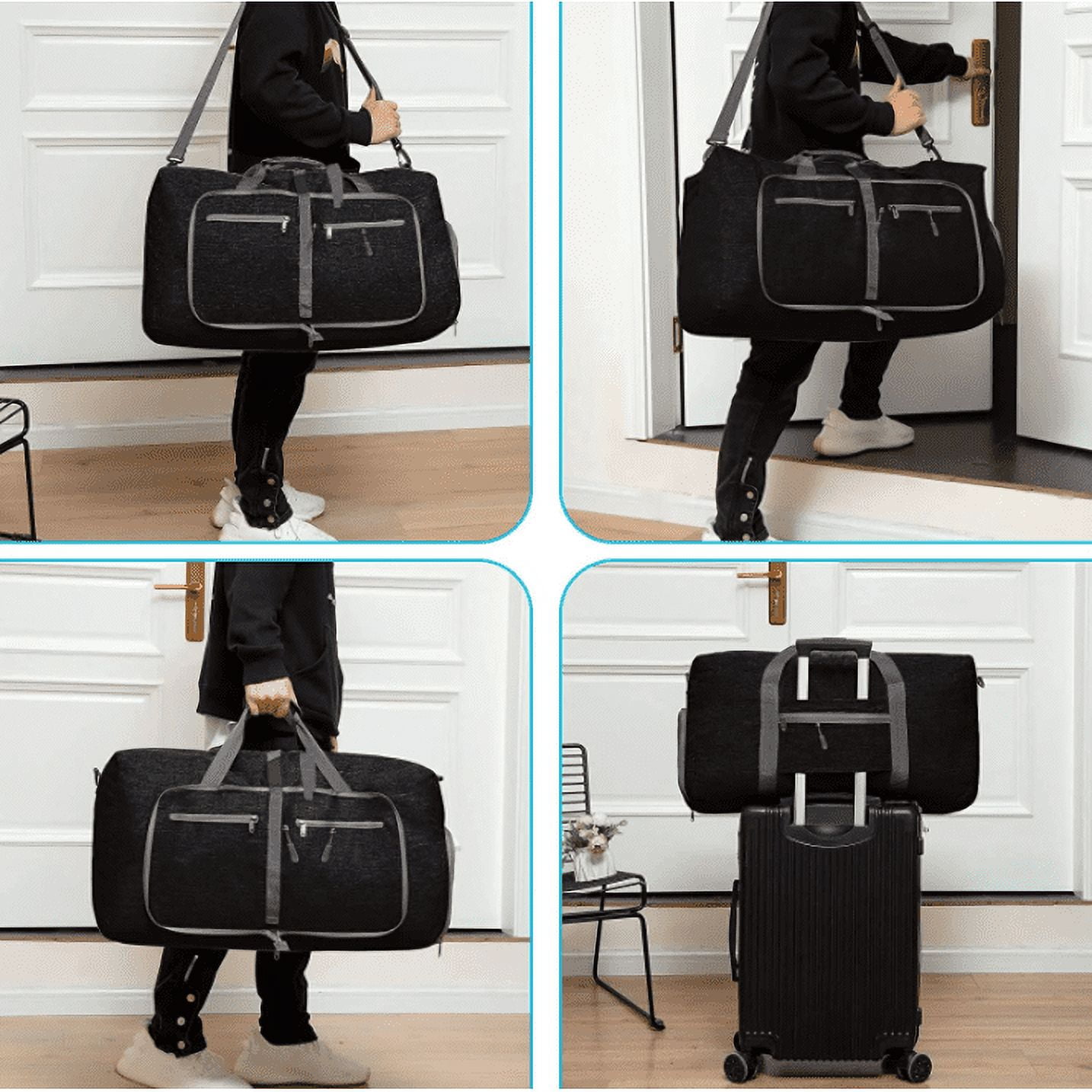 DAKOMM Travel Duffle Bag, 65L Foldable Weekender Bags for Women with Shoe Compartment, Carry on Overnight Bag for Men Women, 24" Gym Travel Bag Water Repellent & Tear Resistant, Black