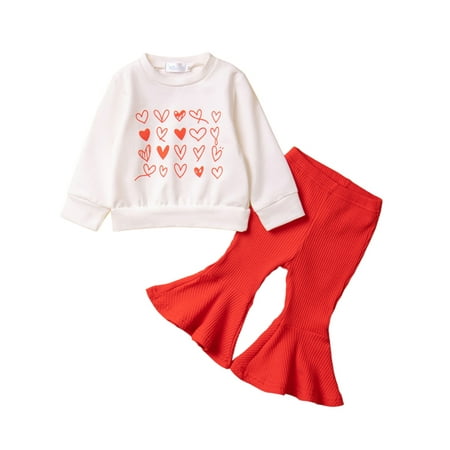 

PBaeM Infant Love Heart Flared Pants Suit Ribbed Trouser Sweatshirt 2Pcs Girls Outfit Sets