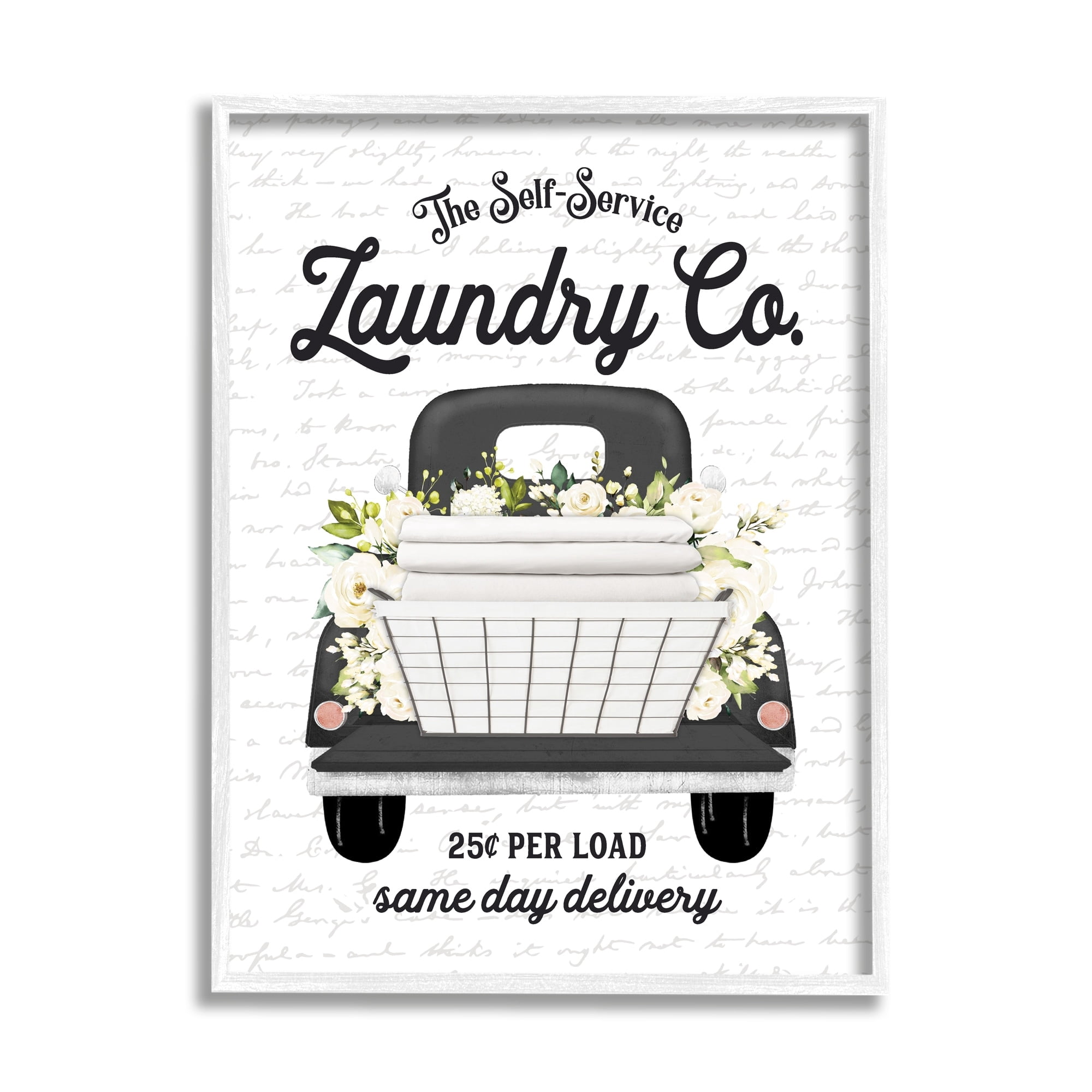 Stupell Industries Laundry Co. White Flower Bouquet Truck Service Graphic Art White Framed Art Print Wall Art, Design by Lettered and Lined