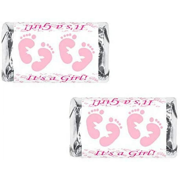 60 Pink Footprints Baby Shower Miniatures Candy Bar Wrapper, Its a Girl Baby Shower Miniatures Candy Bar Stickers Decorations, Candy Not Included