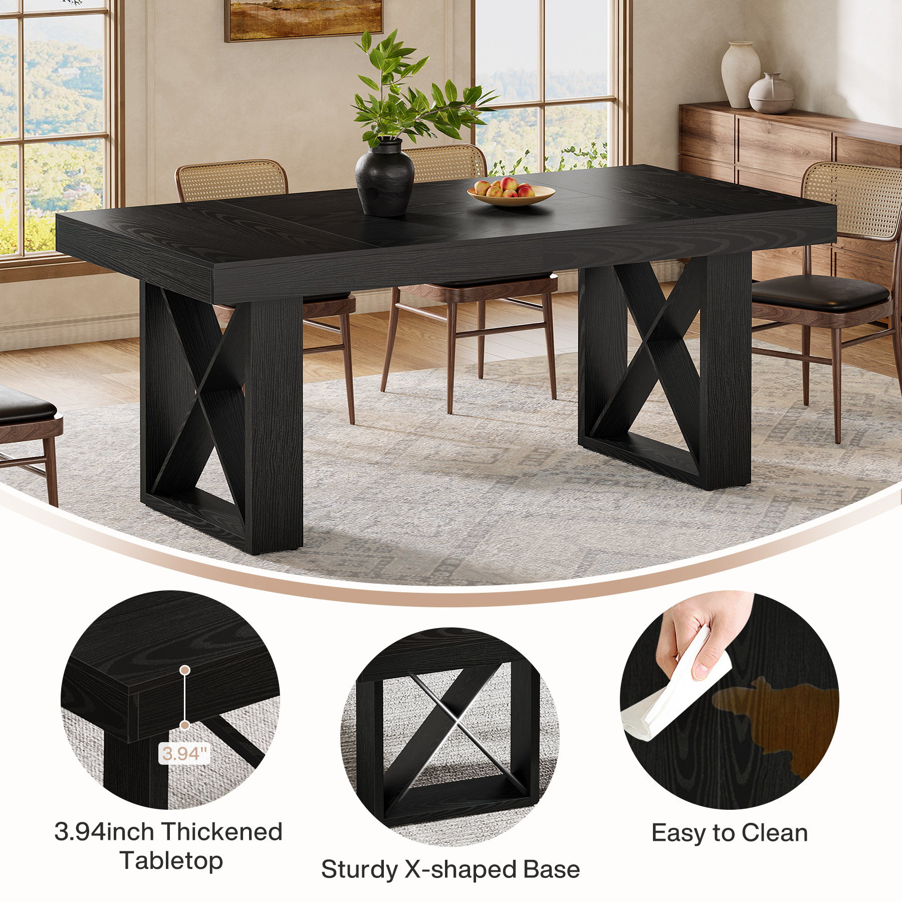 Tribesigns 63-Inch Dining Table for 4-6 People, Farmhouse Thick Appearance Design, Rectangle Kitchen Dinner Table for Dining Room, Living Room, Black