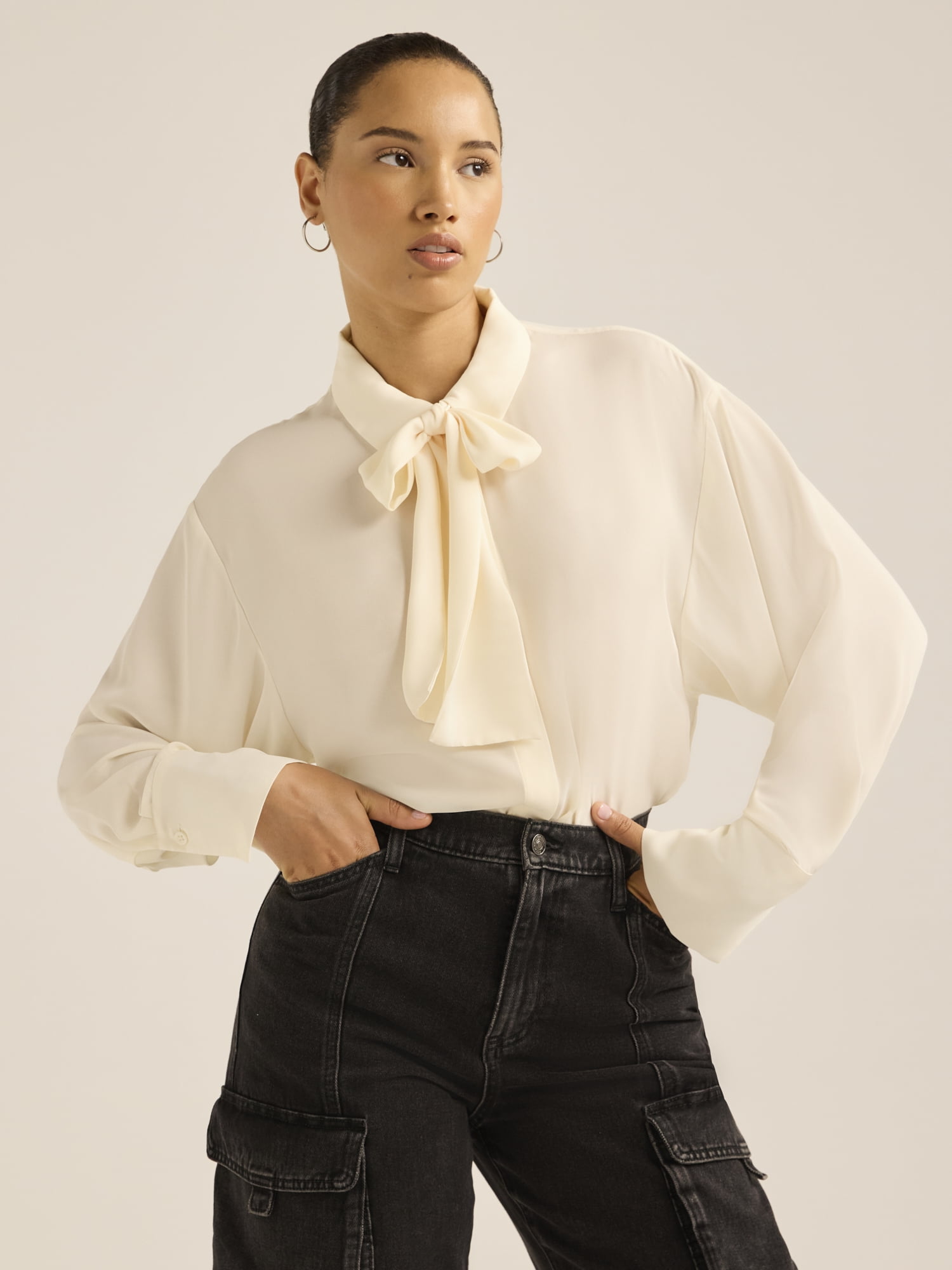 Max Studio Women's Crepe Blouse With Neck Tie Detail - V-Neck Elbow Sleeve Printed Top