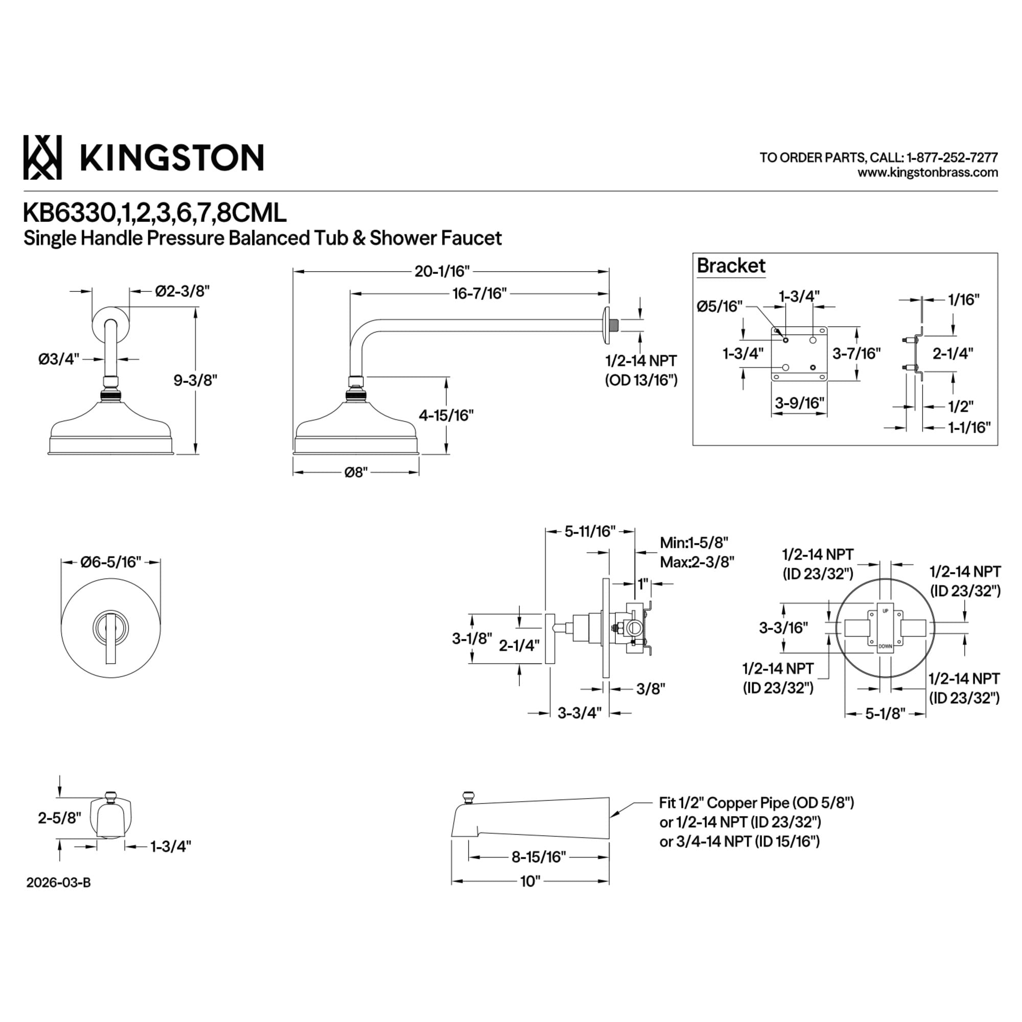 Kingston Brass KB6336CML Manhattan Single-Handle Pressure Balanced Tub and Shower Faucet in Polished Nickel