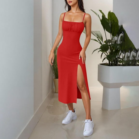Njagoc3 Womens Spaghetti Strap Fitted Maxi Dress - Plunging Neckline, Solid Color, High Slit, Summer Chic